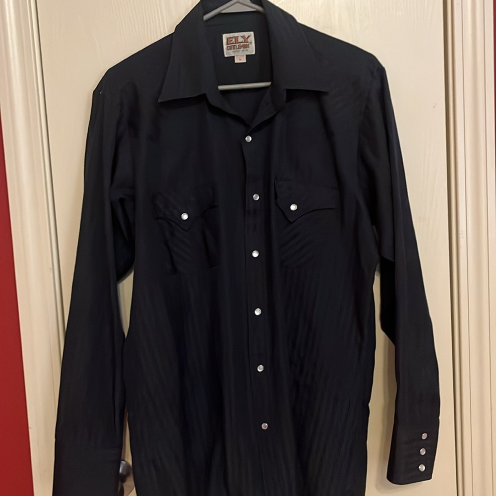 ELY CATTLEMEN LONG SLEEVE SNAP UP SOLID BLACK SHIRT MENS SIZE M. (15 1/2x33)